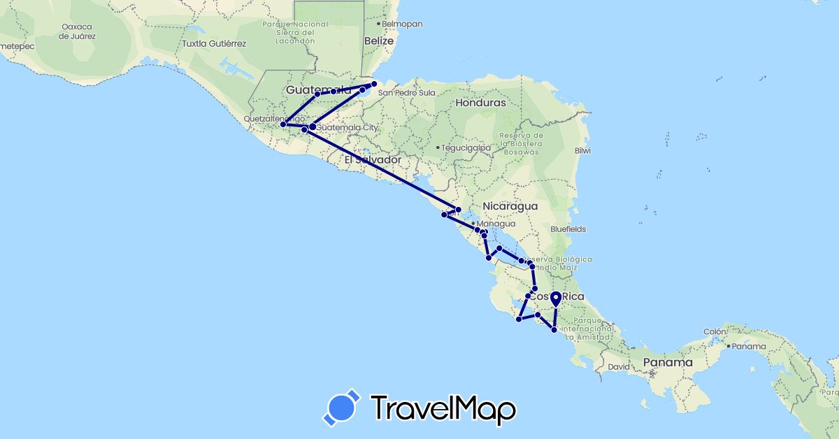 TravelMap itinerary: driving in Costa Rica, Guatemala, Nicaragua (North America)
